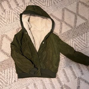 Zara Green Bomber Jacket w/Sheepskin Lining and Hood | Small